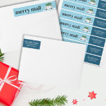 Retro Van Merry Mail Julgran Snö Winter Etikettband<br><div class="desc">En vit reflexbil med en Julgran på tak i en snö-scen. Den här vänstra figursättningen runt adressetiketten är perfekt för all helgdag.</div>