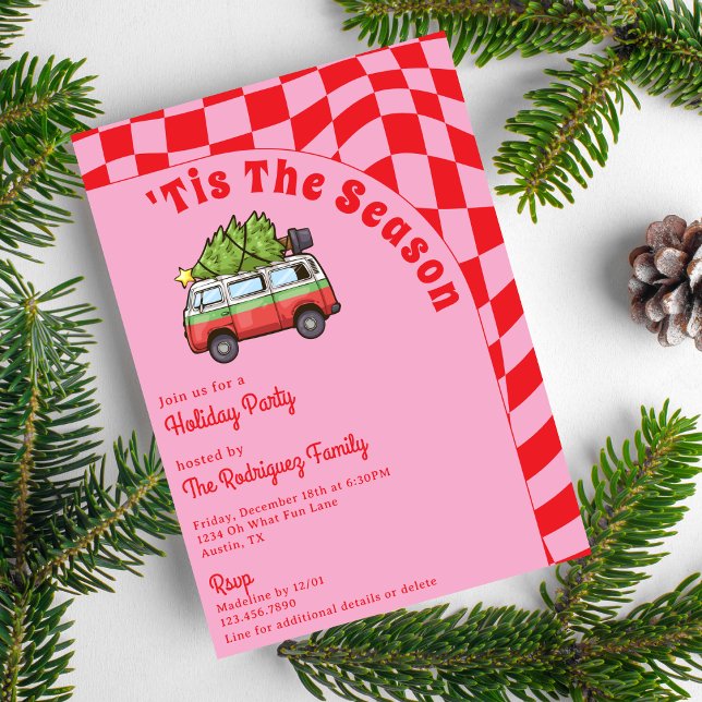 Retro Van Röd Rosa Rutig Julfest Inbjudningar (Skapare uppladdad)