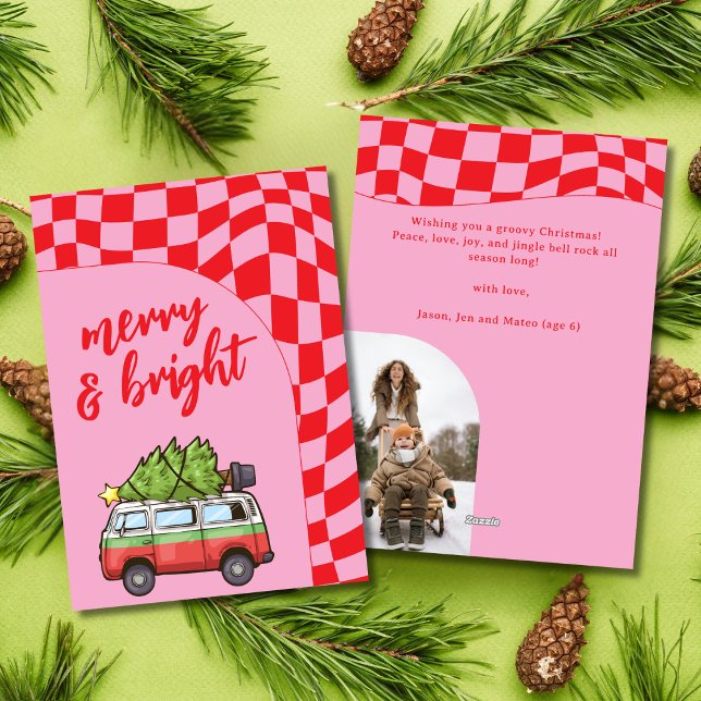 Retro Van Rutig Merry & Bright Jul Julkort (Skapare uppladdad)