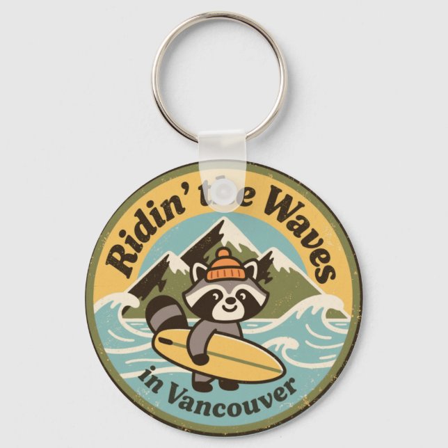 Retro Vancouver Surfing Raccoon Nyckelring (Framsida)
