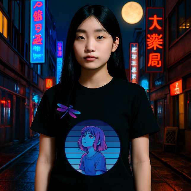 Retro Vaporwave Måne Melancholy Anime Girl T Shirt (Skapare uppladdad)