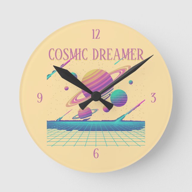 Retro Vaporwave Planeter Synthwave Rund Klocka (Framsida)