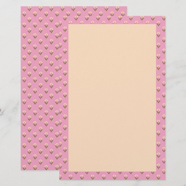 Retro vår handritad rosa och krämfärgad blommig  brevpapper (Fram/baksida)