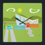 Retro Vår House Square Wall Clock, Handflatan Fyrkantig Klocka<br><div class="desc">Detta Retro Handflatan House med Car Square Wall Clock är ett halvsekelslott för älskare i dag. Den minimalistiska konstdesignen har en elegant orange och ett glashus med en dramatiskt saktande bockmarksform i tak. Den röda dörren förskjuter den orange stenplanteraren fylld med grön och den dekorativa turkosen cinderblock privacy skärm. Staggerade...</div>