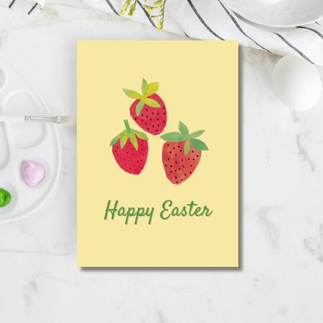 Retro vår jordgubbs påsk vikad höjtidskort helgkort (Three vibrant red strawberries appear over a retro "Happy Easter" all on a buttercream background.)