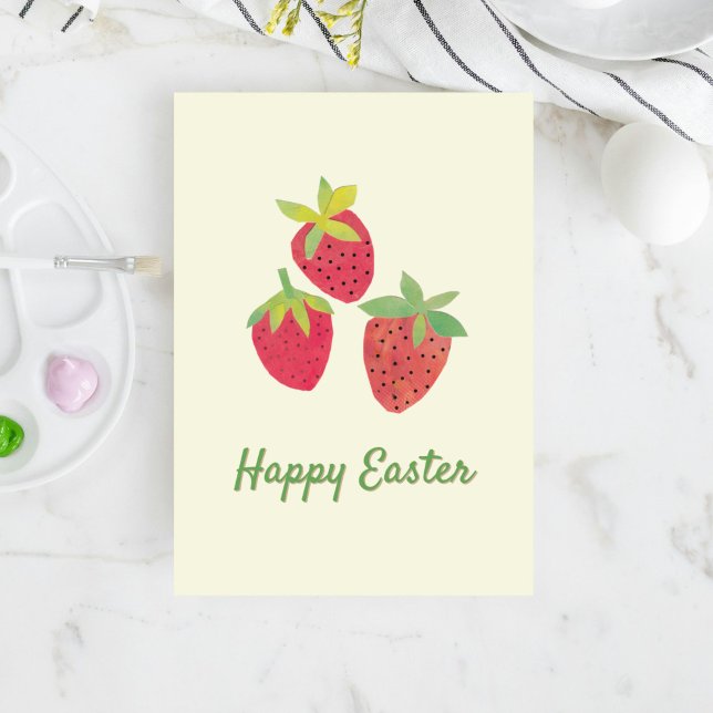 Retro Vår Strawberry Påsk-mappat Helgdag-kort Helgkort (Our strawberry Easter card features my vintage-inspired collage art of three red berries.)