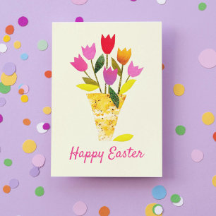 Retro Vår Tulips Hand-Illustrated Blommigt Påsk Helgkort