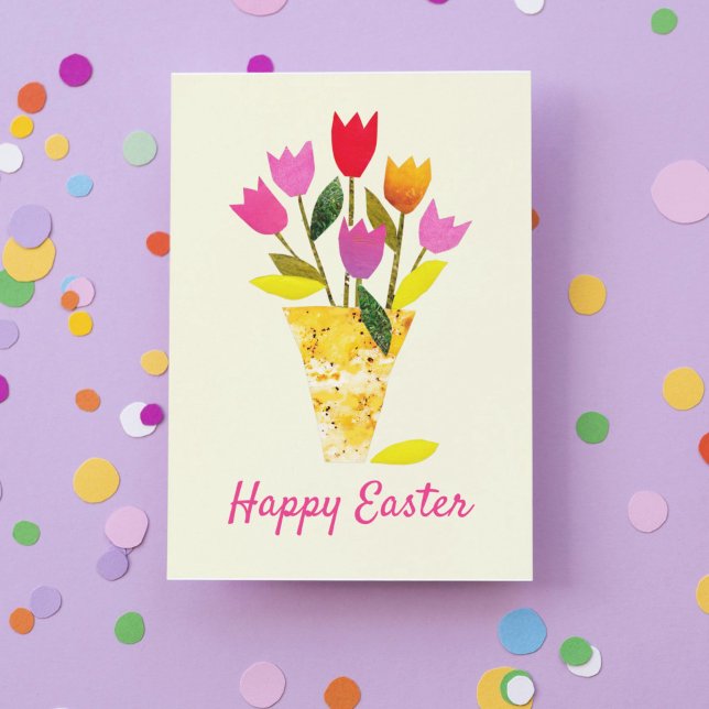 Retro Vår Tulips Hand-Illustrated Blommigt Påsk Helgkort (This traditional Easter card features colorful vintage-inspired bright pastel-colored tulips.)