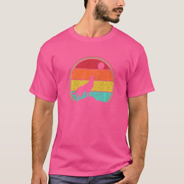Retro Varg Howling vid Måne T Shirt (Framsida)