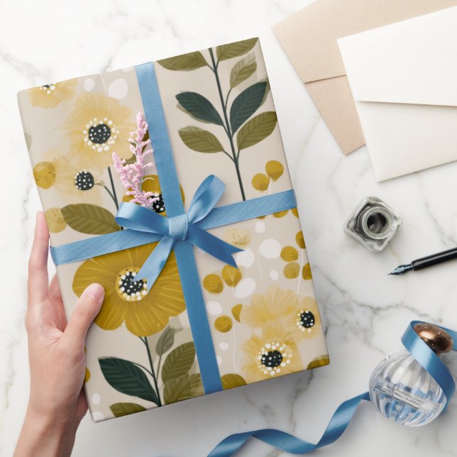 Retro varm ton blomma senap blommig mönster presentpapper (Gifting)