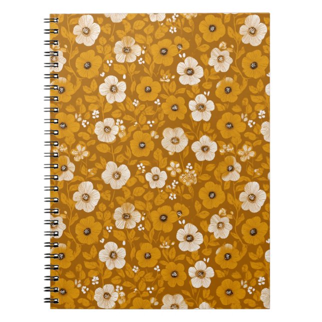 Retro varm ton blomma senap blommönster anteckningsbok (Framsidan)
