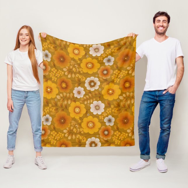Retro varm ton blomma senap blommönster fleecefilt (På plats)
