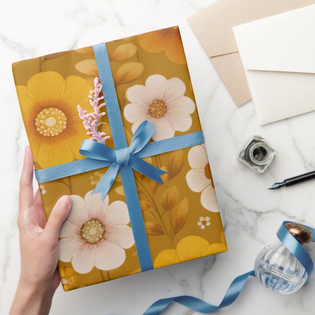 Retro varm ton blomma senap blommönster presentpapper (Gifting)