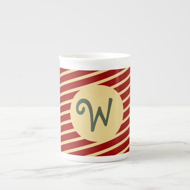 Retro Varsity Crimsonröd och Crème-ränder Monogram Benporslin Mugg (Framsidan)