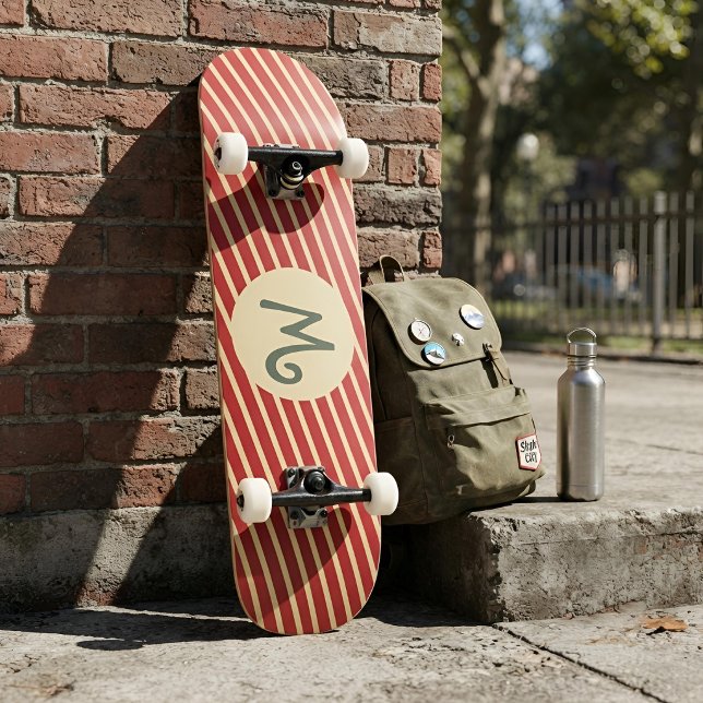 Retro Varsity Crimsonröd och Crème-ränder Monogram Mini Skateboard Bräda 18,5 Cm (Skapare uppladdad)