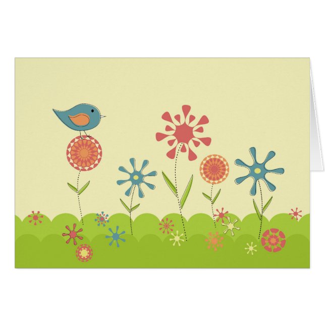 Retro vårträdgård hälsningskort (Framsidan Horizontal)