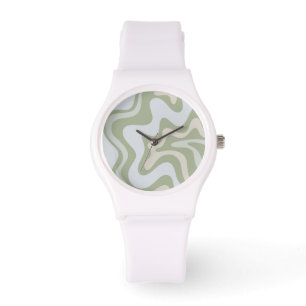 Retro Vätskeswirl Abstrakt Mönster i Sage Grönt Armbandsur