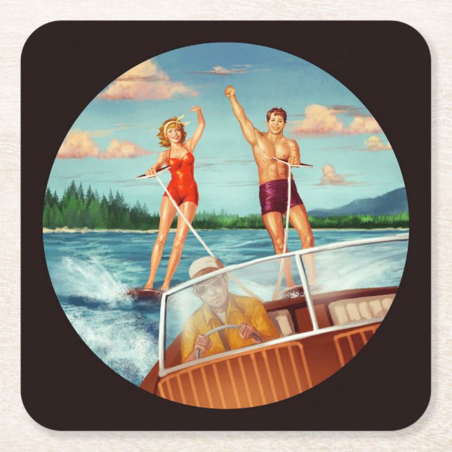Retro Vatten Skiing Underlägg Papper Kvadrat (Framsidan)