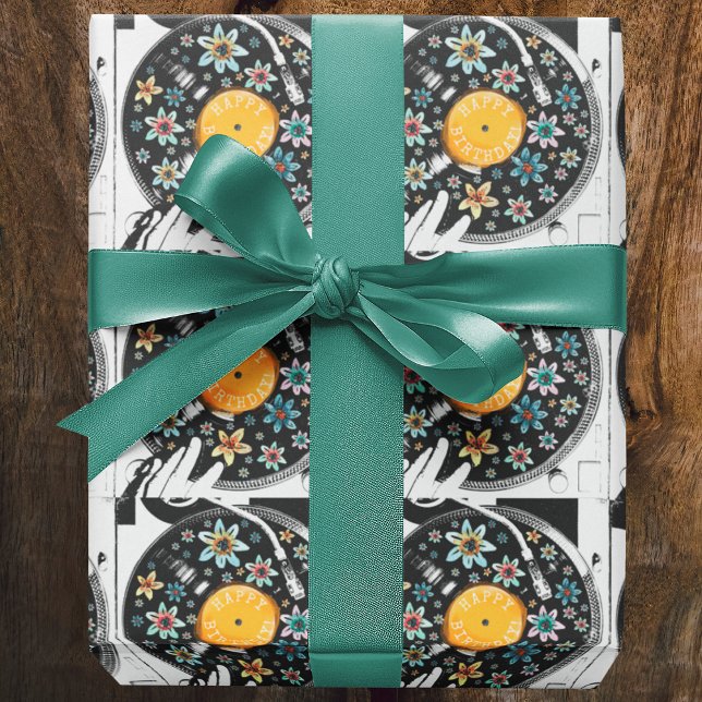 Retro vattenfärg blommig födelsedag vinylskiva presentpapper (Skapare uppladdad)