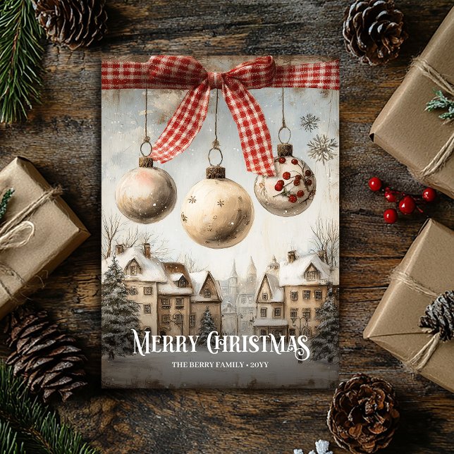 Retro vattenfärg neutrala färger julscen julkort (Retro Watercolor Neutral Colors Christmas Scene Holiday Card )