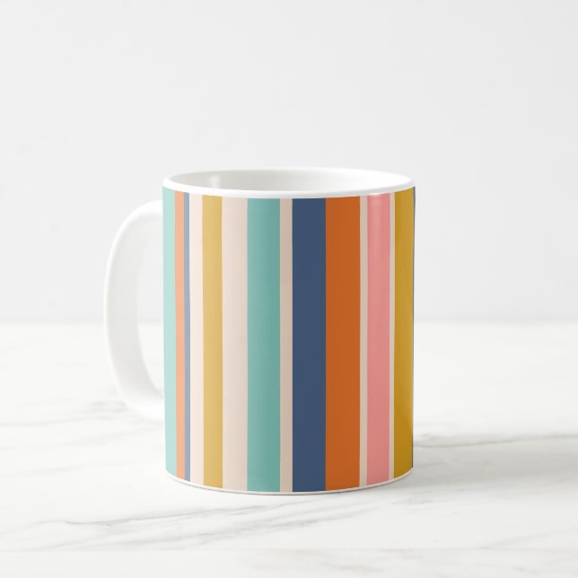 Retro vertikala orange blå och gula rosa ränder kaffemugg (Framsida vänster)