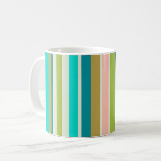 Retro vertikala rosa turkos och persikostripor kaffemugg (Framsida vänster)