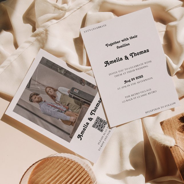 Retro Vibes Classic Photo QR-kod Bröllop Inbjudningar (Skapare uppladdad)