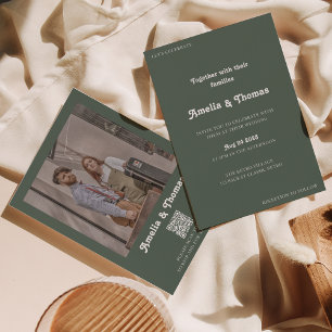 Retro Vibes Mörk grönt foto QR-kod Bröllop Inbjudningar