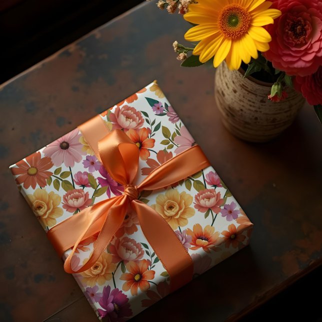 Retro Vibrant botanisk Blommigt & Foliage Mönster Presentpapper (Retro Vibrant Botanical Floral & Foliage Pattern Wrapping Paper)