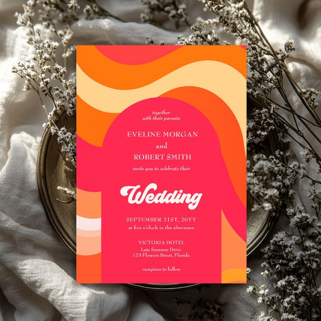 Retro-vibrant färg-vinkara teckensnitt bröllop inbjudningar (Retro vibrant colors waves groovy font wedding invitation)