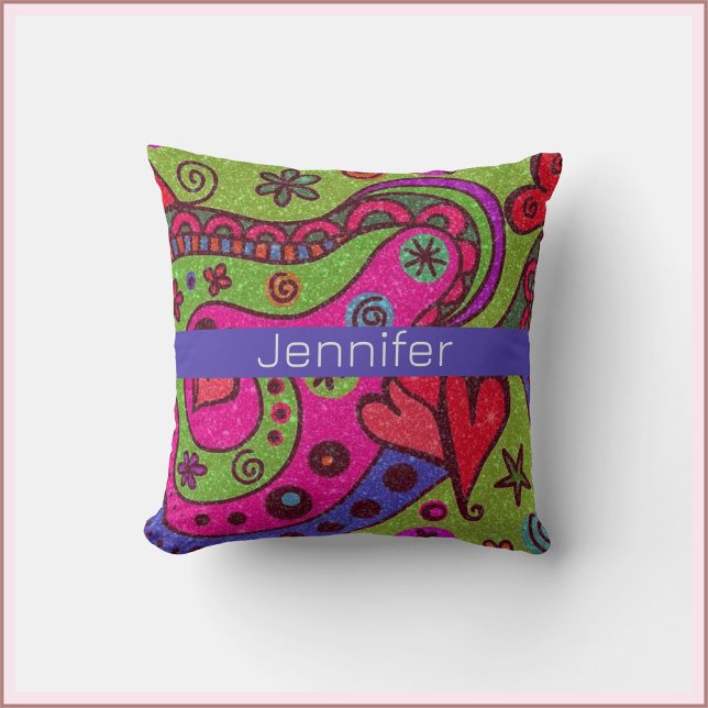 Retro Vibrant Hearts and Flowers Colorful Kudde (Skapare uppladdad)
