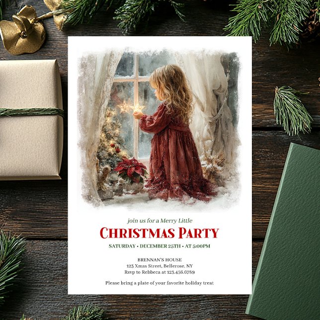 Retro Victorian Little Girl Awaiting Santa Digital Inbjudningar (Retro Victorian Little Girl Awaiting Santa Digital Invite)