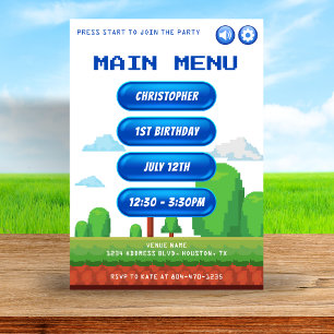 Retro Video Game Menu 1:a födelsedagen Party Inbjudningar