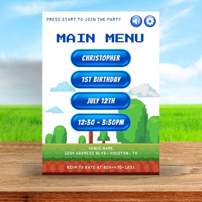 Retro Video Game Menu 1:a födelsedagen Party Inbjudningar (Skapare uppladdad)