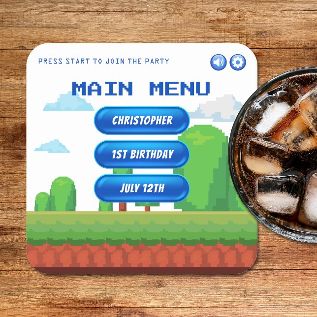 Retro Video Game Menu 1:a födelsedagen Party Underlägg Papper Kvadrat (Skapare uppladdad)