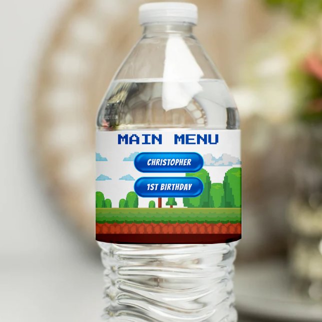 Retro Video Game Menu 1:a födelsedagen Party Vattenflaskor Etikett (Retro Video Game Menu 1st Birthday Party Water Bottle Label
)