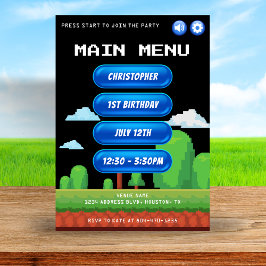 Retro Video Game Menu Black 1:a födelsedag Party Inbjudningar