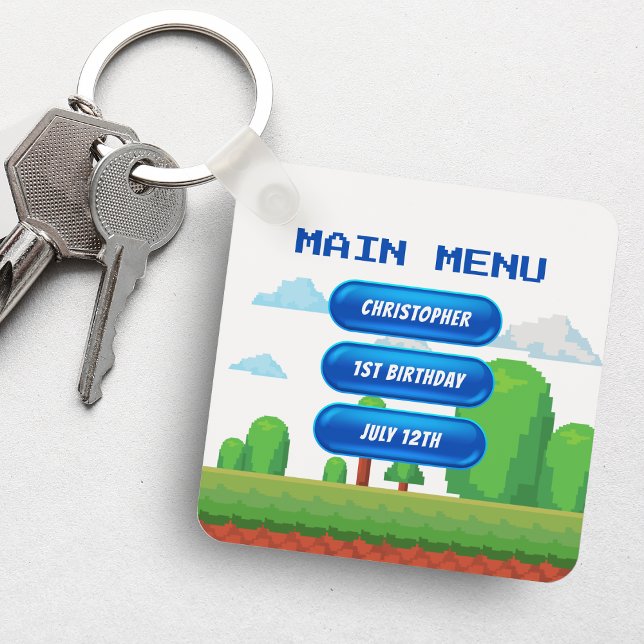 Retro Video Game Menu Photo Födelsedagsfest Nyckelring (Retro Video Game Menu Photo Birthday Party Keychain
)