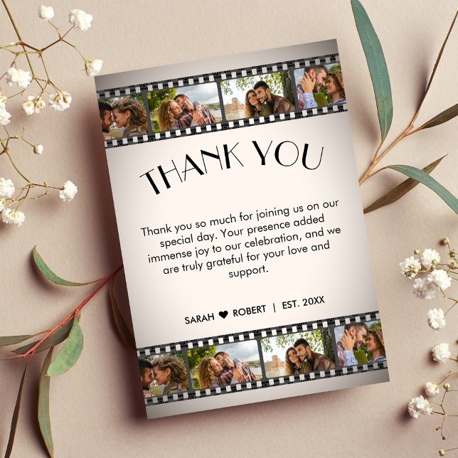 Retro Vignette Photo Collage Film Strip Bröllop Tack Kort (Retro Vignette Photo Collage Film Strip Wedding Thank You Card)