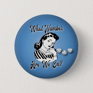 Retro "vilken Number är oss på" Bunco Knapp