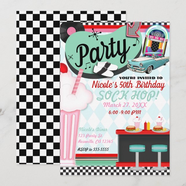 Retro Vintage 50-Tal Diner Födelsedagsfest Inbjudningar (Fram/baksida)