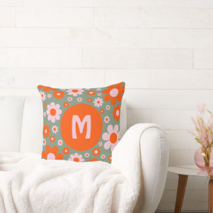 Retro Vintage 70-tal Daisy Mönster Orange Grön Kudde