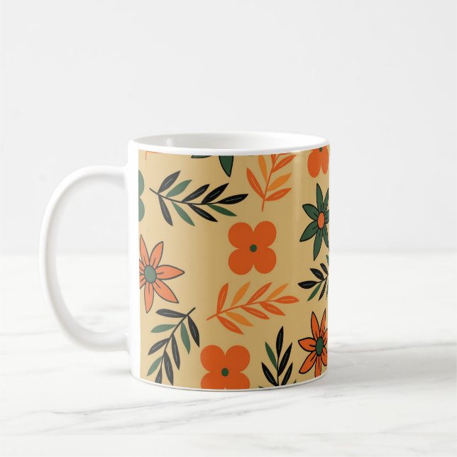 Retro Vintage 70s Blommigt Flower Löv Mönster Kaffemugg (Vänster)