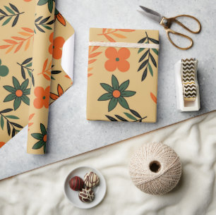 Retro Vintage 70s Blommigt Flower Löv Mönster Presentpapper