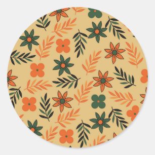 Retro Vintage 70s Blommigt Flower Löv Mönster Runt Klistermärke