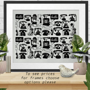 Retro Vintage Antique Black Telefon Mönster Grått Poster