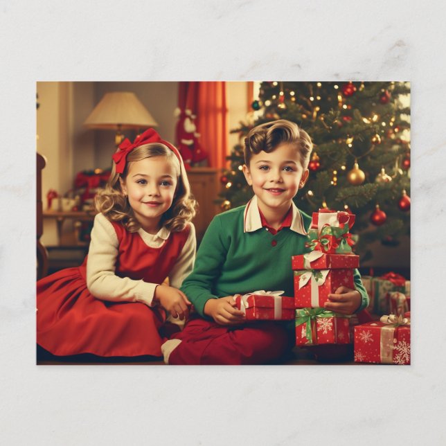 Retro, Vintage Barn med julklappar Helg Vykort (Framsida)