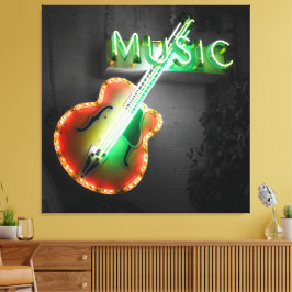 Retro Vintage Bass Guitar Music Neon-inloggningsGr Canvastryck