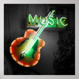 Retro Vintage Bass Guitar Music Neon Sign in Green Poster