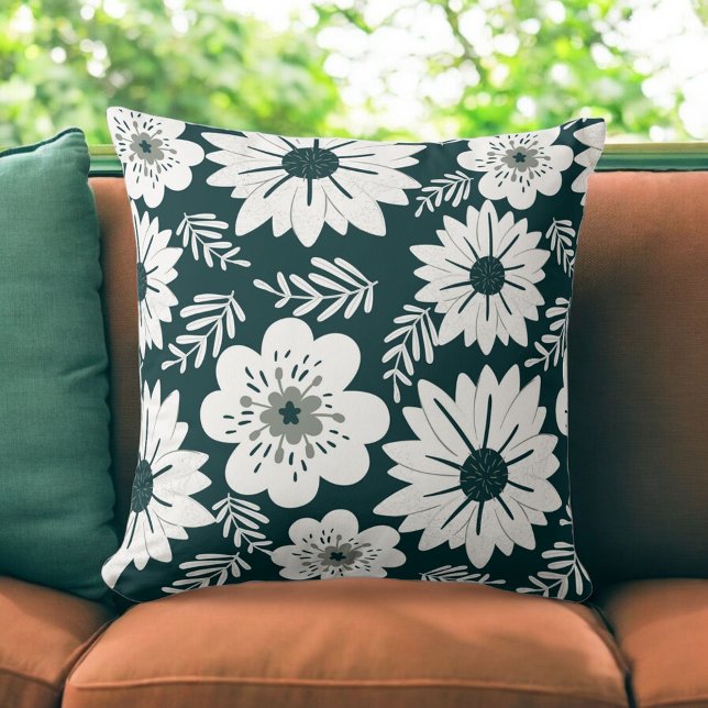Retro Vintage Black and White Flower Mönster Kudde (Skapare uppladdad)